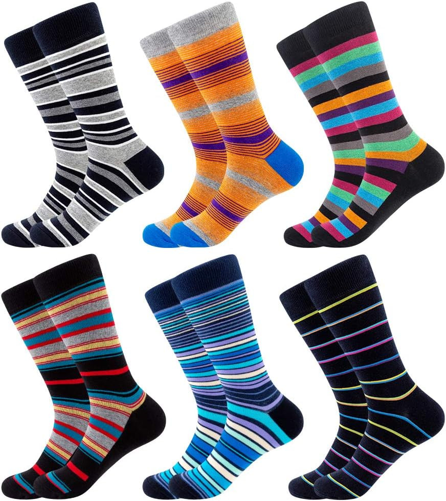 Men'S Fun Dress Socks-Colorful Funny Novelty Crew Art Socks (6Pairs-Colorful Stripe)