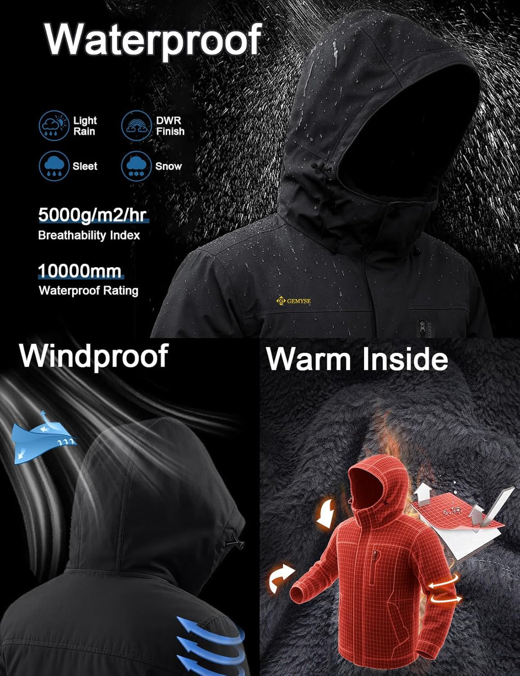 Men'S Ski Snow Jacket Warm Winter Waterproof Coat Snowboard Rain Jacket Hooded Windproof Windbreaker