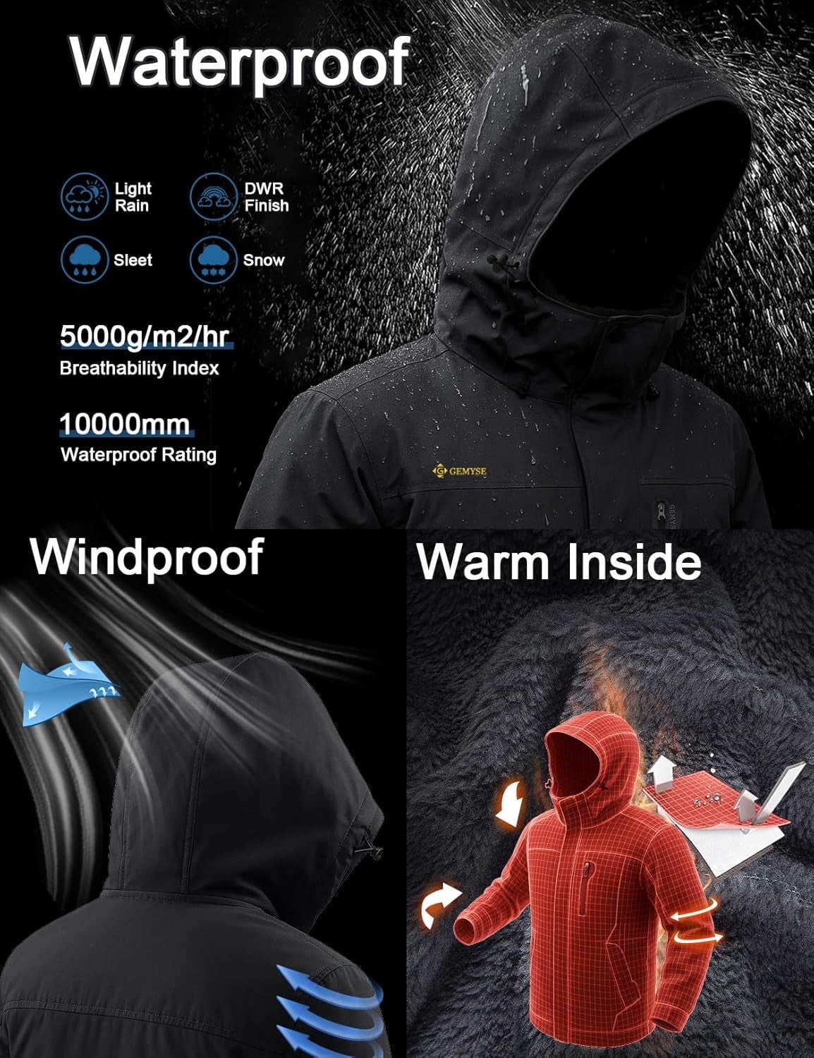 Men'S Ski Snow Jacket Warm Winter Waterproof Coat Snowboard Rain Jacket Hooded Windproof Windbreaker